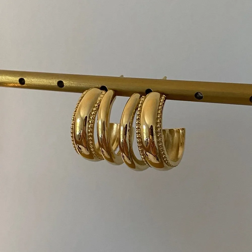 18K Gold Plated Double Hoop Beaded Milgrain Earrings